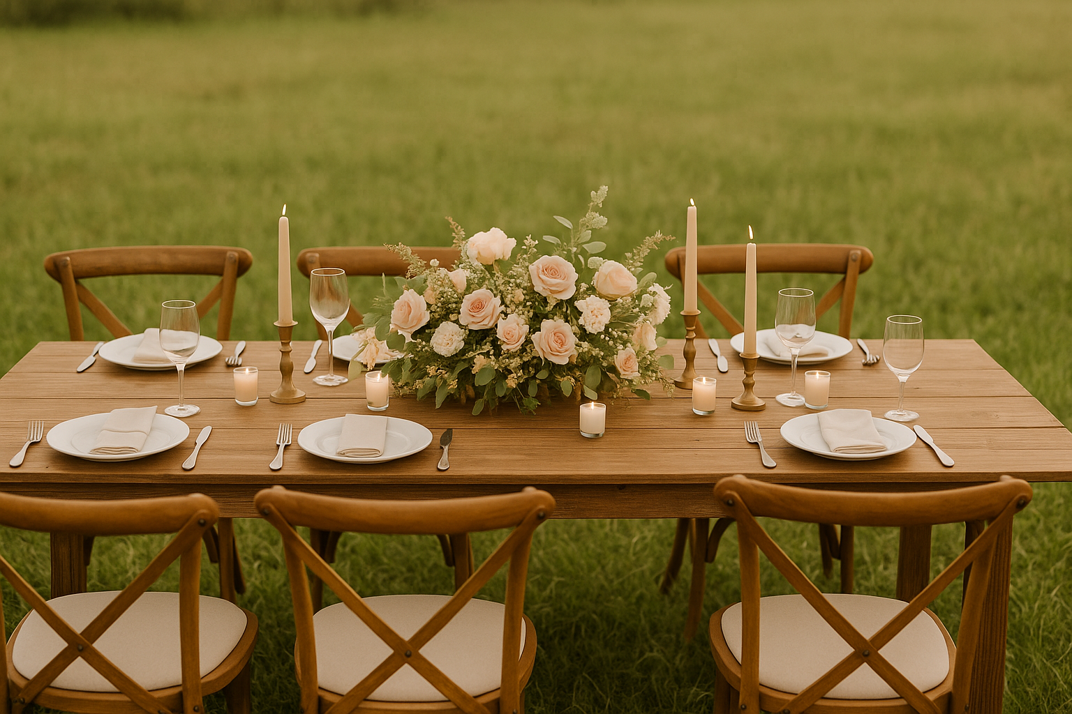 Elegant outdoor dinner table setup with a floral centerpiece, candles, wine glasses, plates, and silverware on a wooden table in a grassy area.