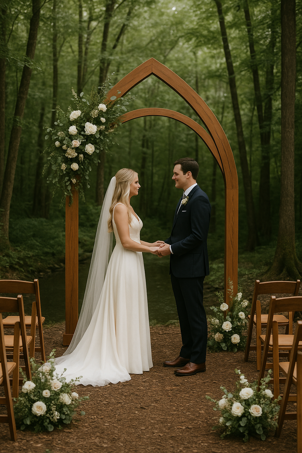 A bride and groom holding hands and gazing at each other during a wedding ceremony in a wooded outdoor setting, with floral arrangements and a wooden arch.