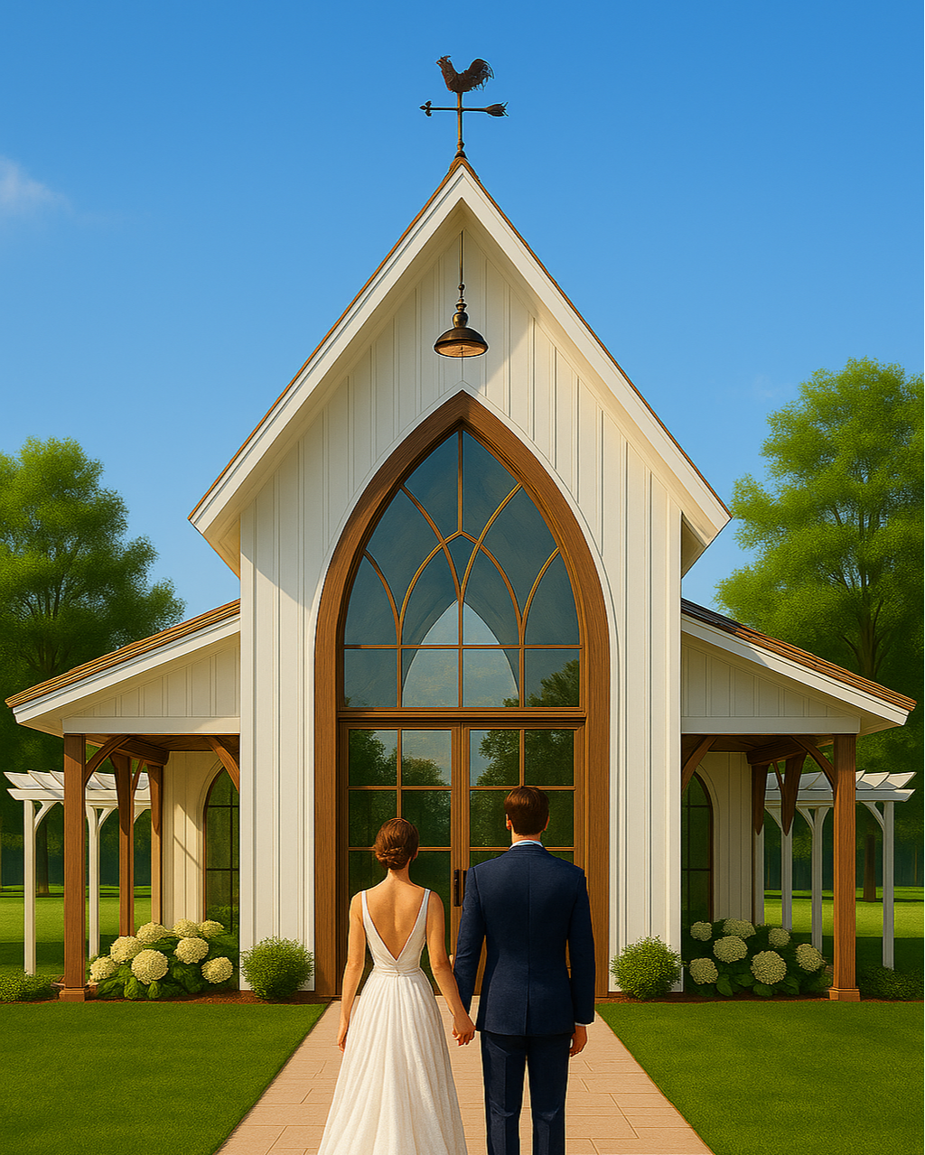 A bride and groom walking hand in hand towards a modern white church with wood accents, large arched windows, and a rooster weather vane on top, set against a bright blue sky with green trees.