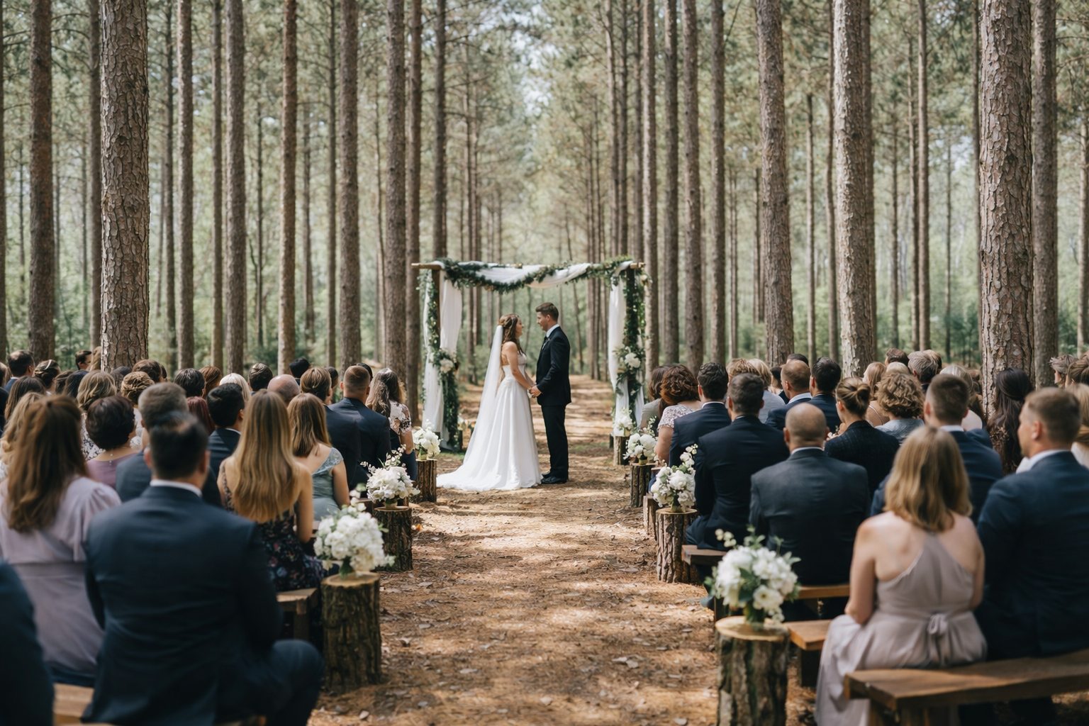 A bride and groom standing at alter surrounded by tall pine trees and wedding guests..