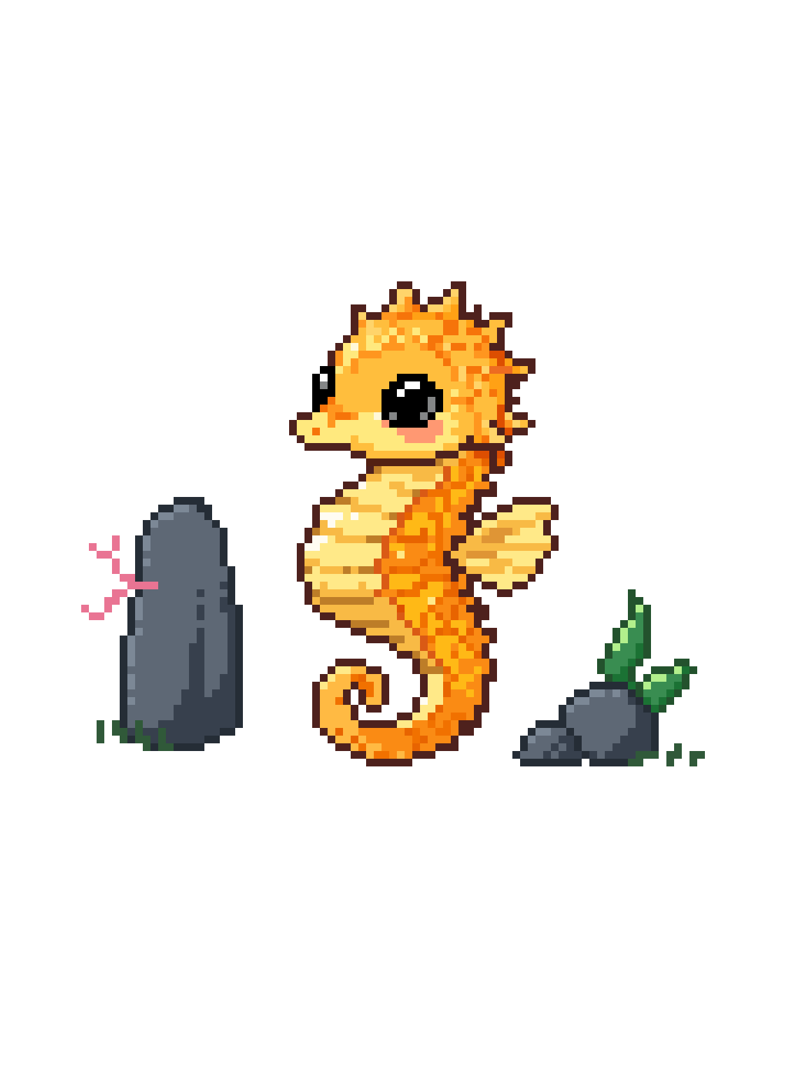Pixel Seahorse by Naufal Refrizal, Indonesia. 
This artwork reimagines a seahorse through simple pixel forms, focusing on its iconic silhouette and warm color palette. The