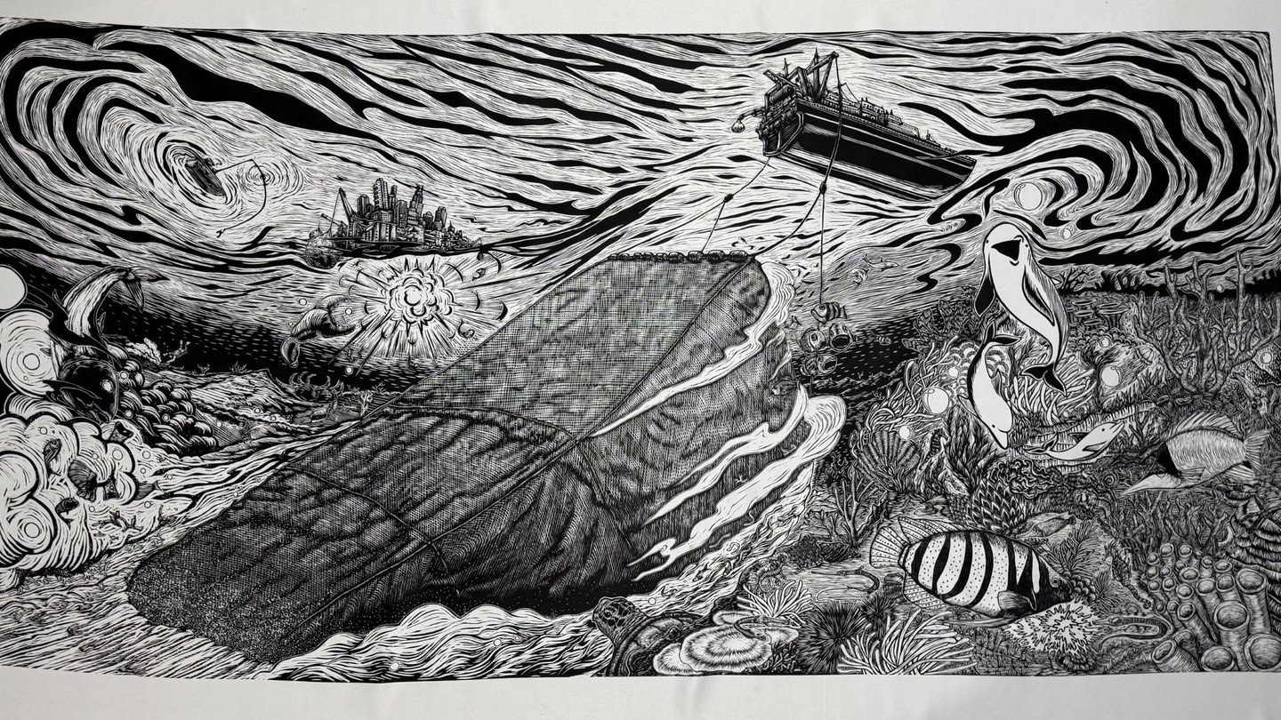 🌊 Full reveal of &ldquo;Lament of the ocean &ndash; Ratapan Launtan&rdquo;, a woodcut print on fabric inspired by #IconicFishes. 

&ldquo;The marine animals challenge us to see the beauty of sea life, and the scale of seabed destruction caused by fi