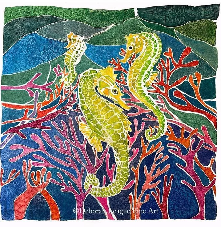 'Seahorses among coral' in batik by Deborah League Fine Art! The artist was certainly inspired by #IconicFishes 😉 💙 We love seeing creativity that celebrates our quirky fishes. 

🌊 Feeling inspired, too?
 🎨 Explore our Inspiration Kit 👉 www.icon