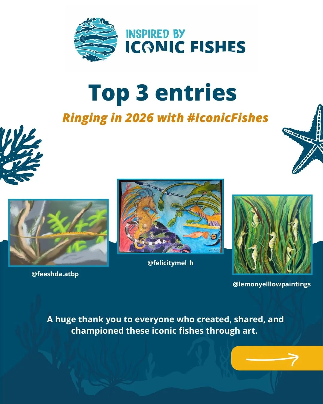 🎨 🌊 Our Ringing in 2026 with #Iconic Fishes art call brought together artists and makers from around the world, each sharing their unique way of celebrating seahorses, pipefishes, seadragons, and their quirky cousins. 

From all the incredible subm