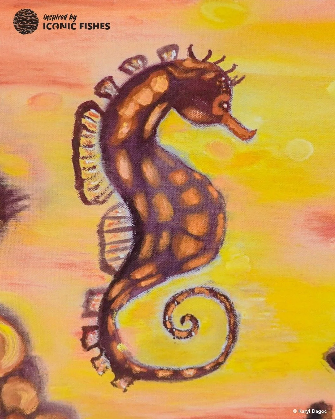 We are excited to start sharing artwork from our growing, inspired by #IconicFishes community in the Philippines! 

With their long, slender snout, gripping tails, and upright swimming posture, seahorses are truly unique creatures. 

Artist Karyl Dag