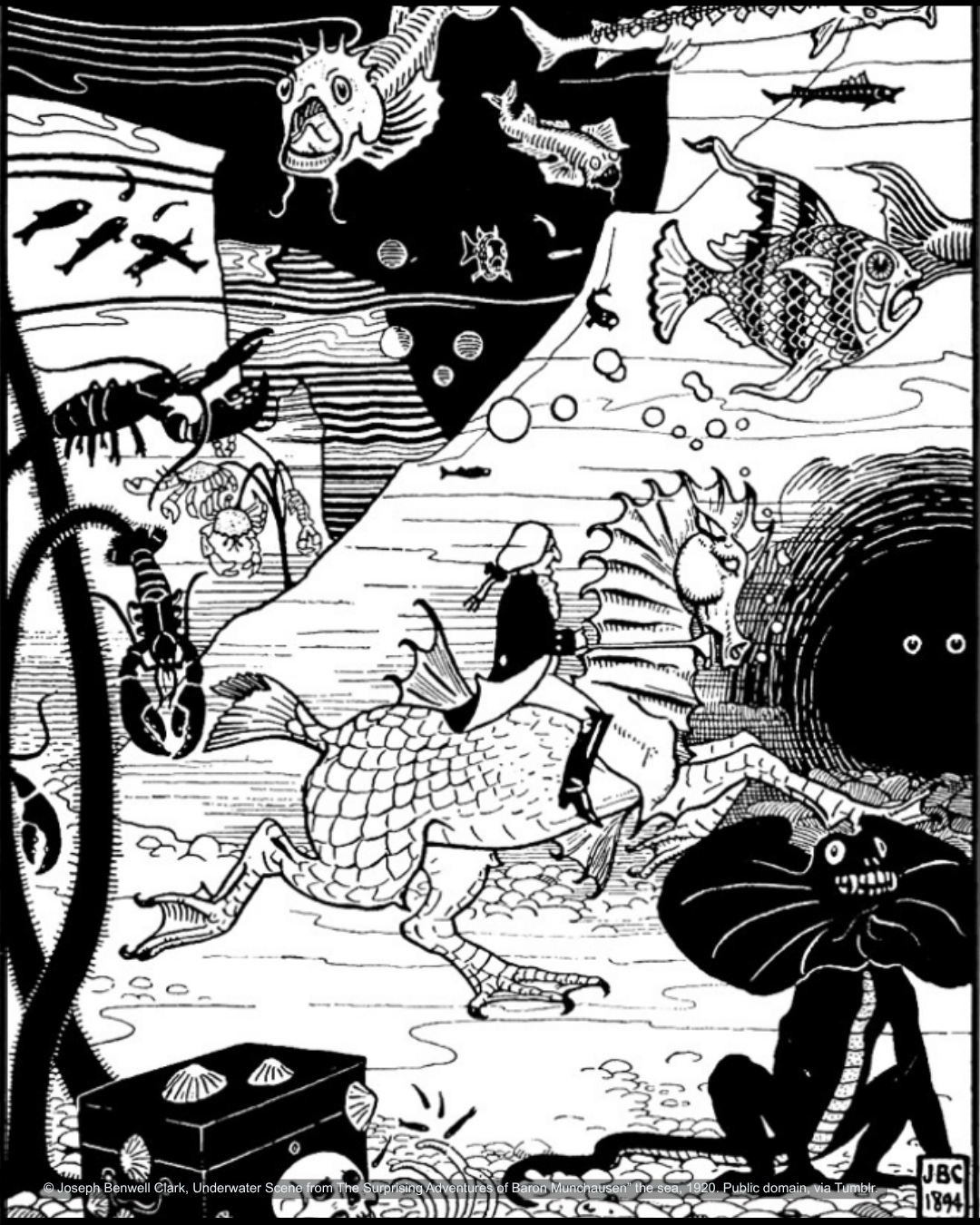Underwater illustration from “The Surprising Adventures of Baron Munchausen” by Joseph Benwell Clark