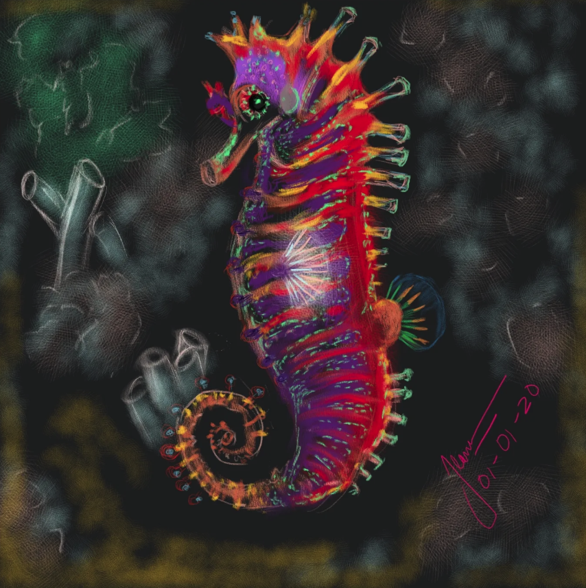 Cute sea horse in the sea. Digital painting made using Go paint by Jeanne Pawitan, Indonesia. 