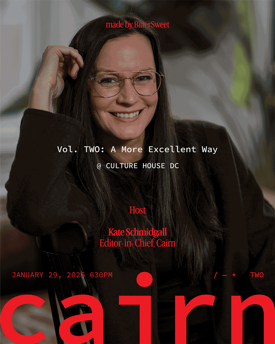 Close-up of a woman with long dark hair and glasses smiling, sitting on a chair. The background is blurred with hints of greenery. Text overlays include event details and presenter information.