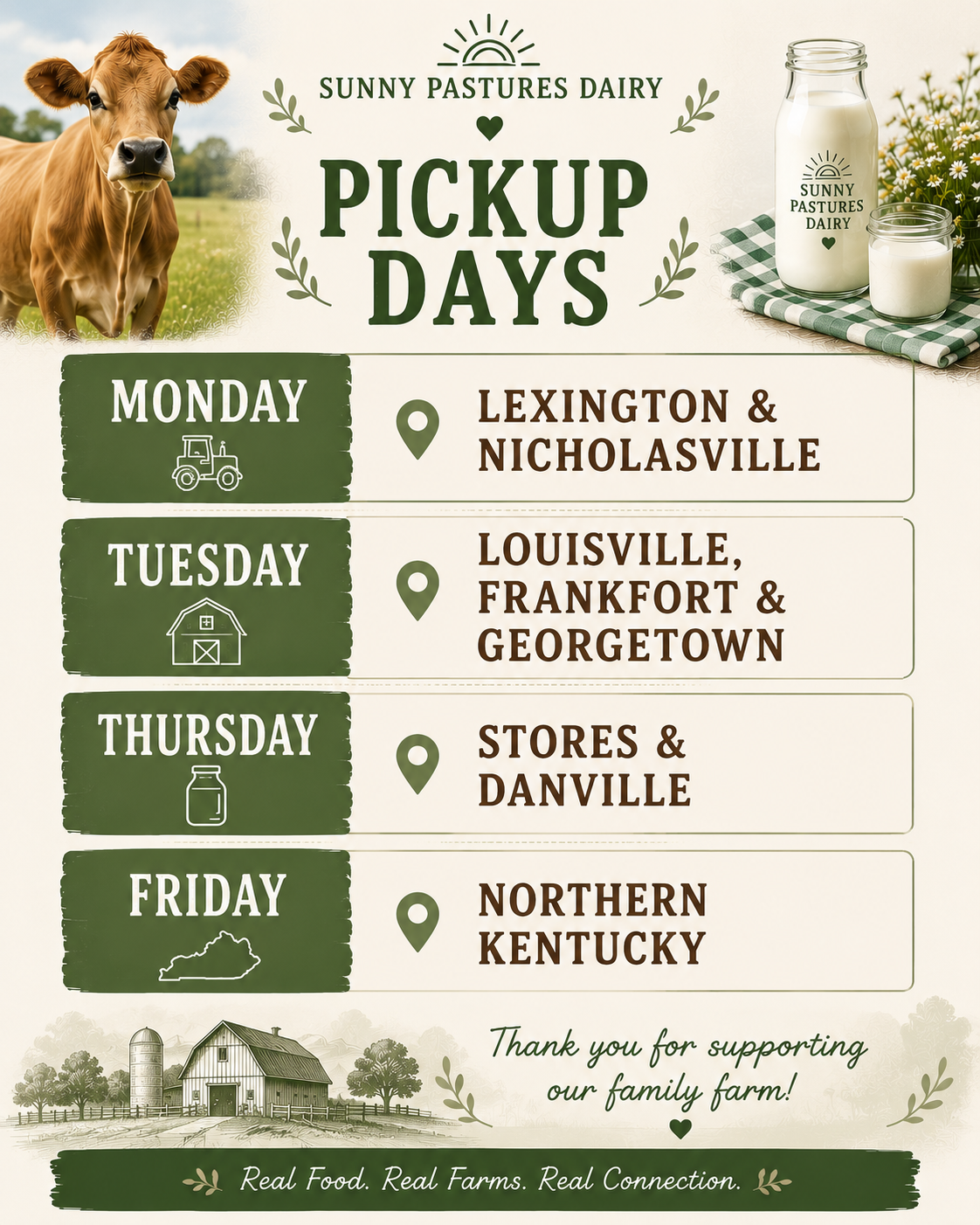 A farm-themed schedule for Sunny Pastures Dairy's pickup days, with days of the week and locations, decorated with illustrations of a cow, barn, and dairy products, and a message thanking supporters.