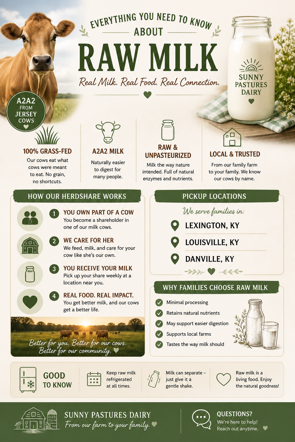 Informational poster about raw milk, featuring a cow on the left, a jar of milk on the right, and text detailing the benefits of raw milk from Jersey cows, including how it is produced, where to pick it up, and reasons to choose raw milk.