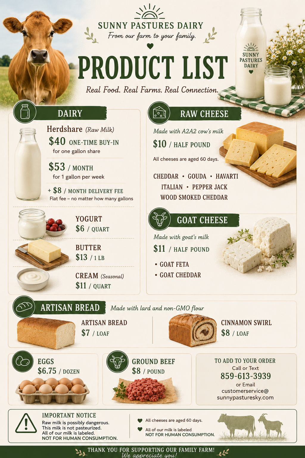 Product list for Sunny Pastures Dairy featuring dairy, raw cheese, goat cheese, artisan bread, eggs, and ground beef with prices and descriptions.