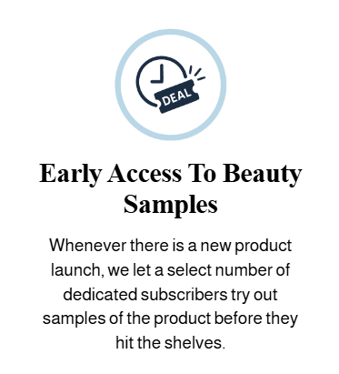 Icon of a clock with a 'Deal' banner indicating early access to beauty samples.