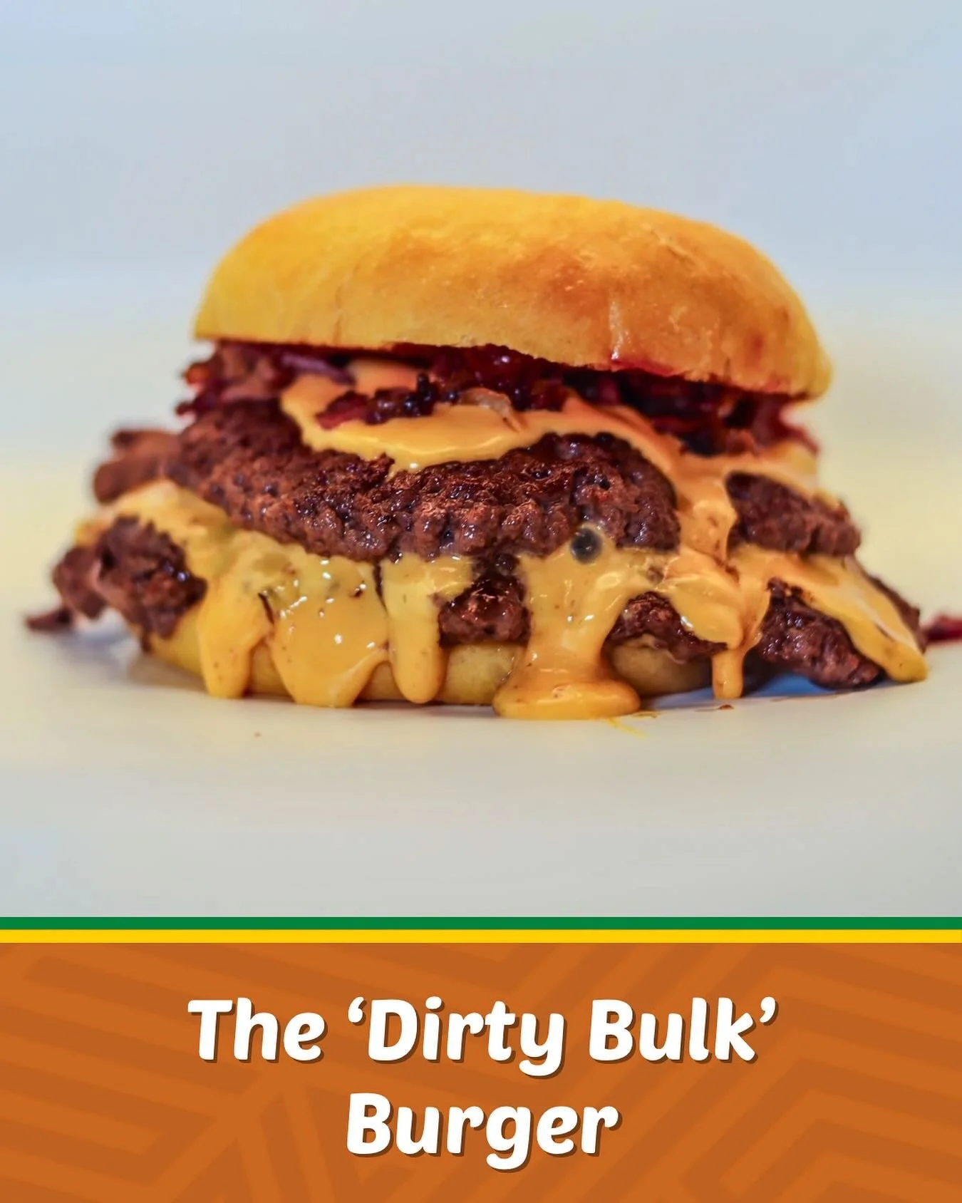 🍔Introducing the Dirty Bulk Burger! 🤤 making its first appearance THIS SATURDAY at Vista Farmers Markets

🔹Extra Large Signature Sweet Potato Bun
🔹2 x 6oz Beef Patties
🔹4 slices of cheese
🔹brown sugar caramelised onions and Turkey Bacon
🔹crisp
