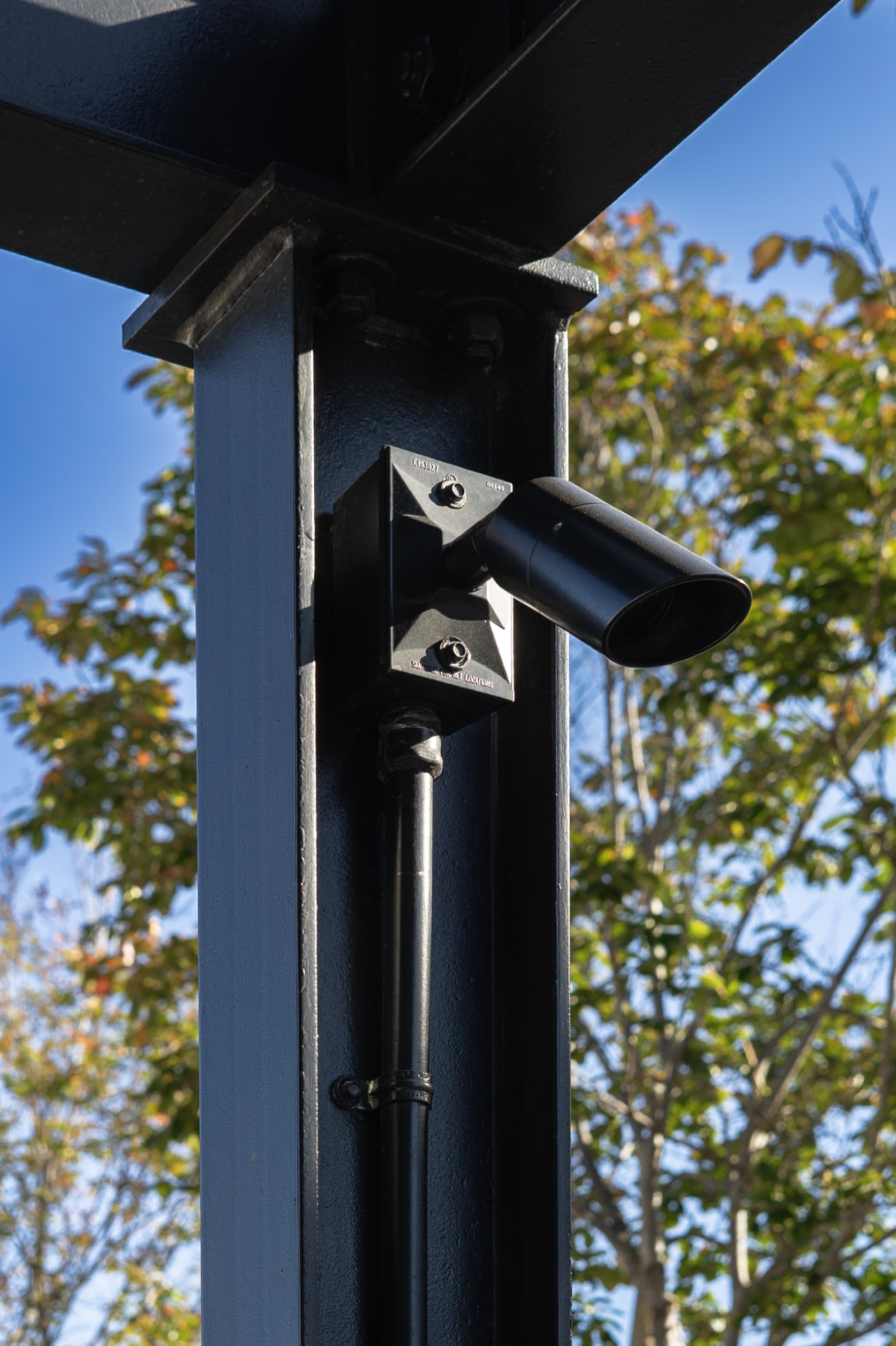 Close-up of a black surveillance camera mounted on a tall pole against a background of blue sky and trees with autumn foliage.