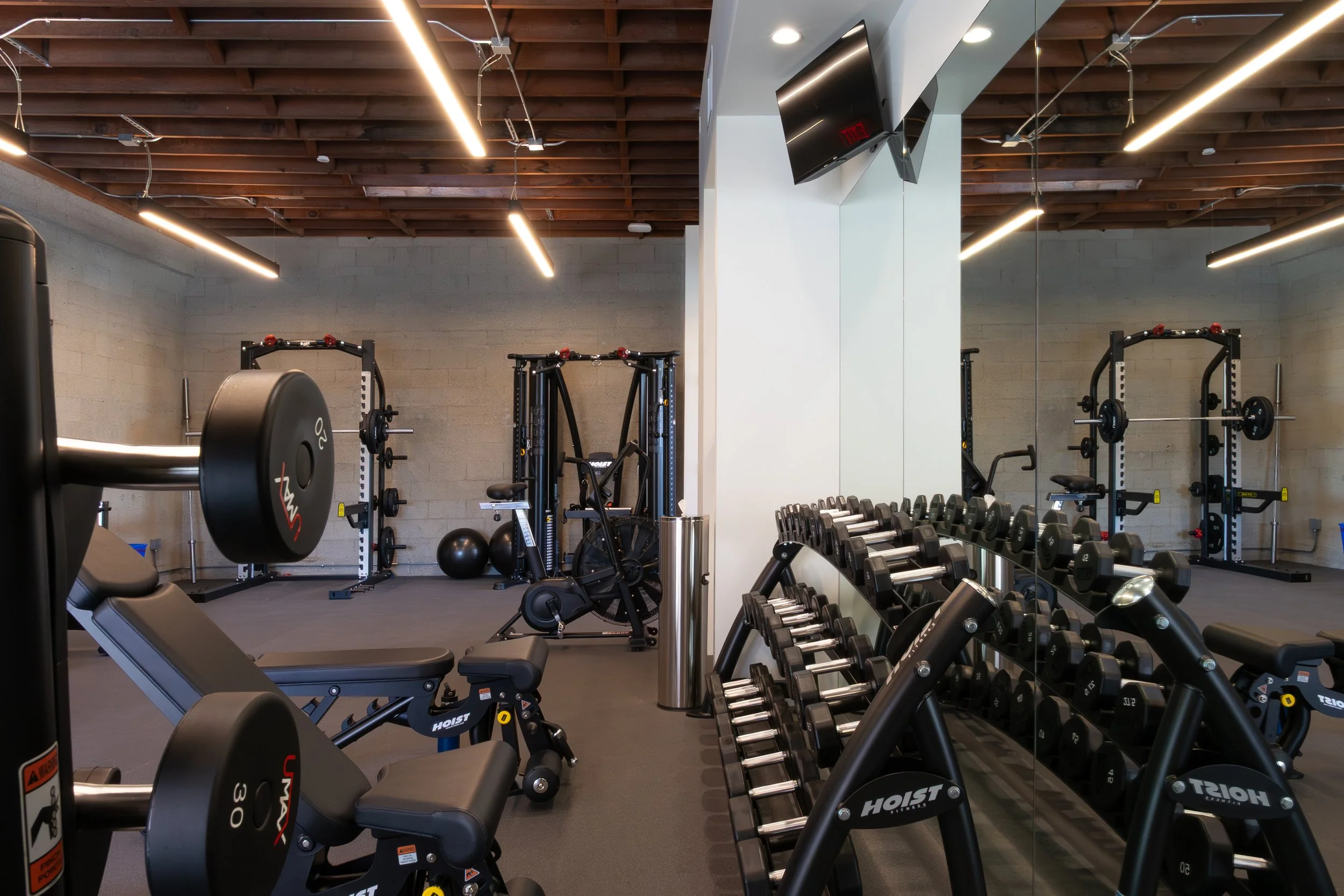 Modern gym with weightlifting equipment, dumbbells, benches, and exercise machines, with a large mirror on one wall.