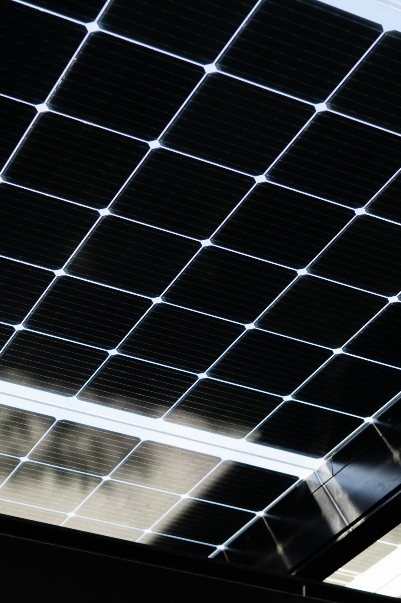 Close-up of a solar panel with dark blue photovoltaic cells and white grid lines.