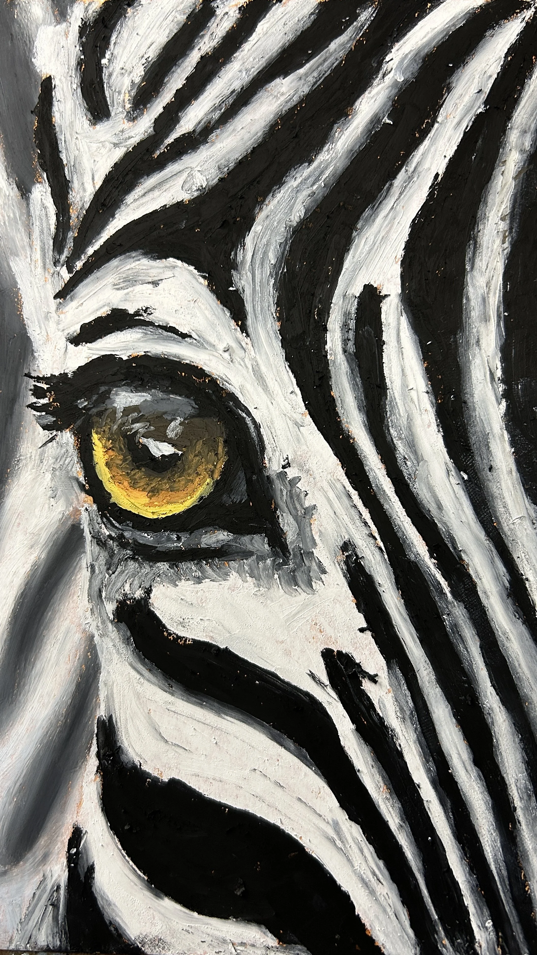 Close-up of an abstract zebra with a focus on the eye, painted in black, white, and yellow with expressive brushstrokes.