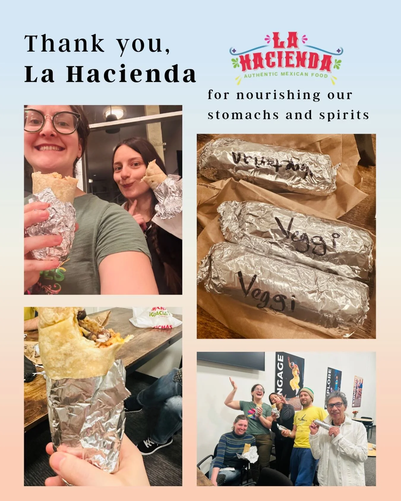 Thank you @lahaciendasanrafael for fueling a good evening of rehearsal &mdash;  tying scenes and collecting costumes &mdash; with your delicious burritos. 🌯❤️

Grateful for the community support, in all the big and little ways. If you&rsquo;d like t