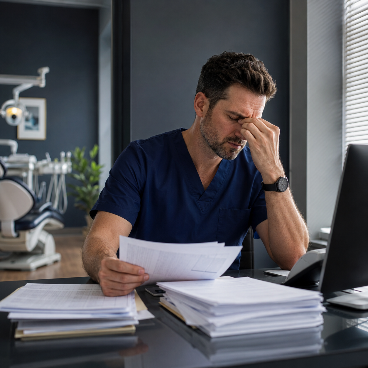 A man in medical scrubs sitting at a cluttered desk, holding papers, with a stressed or frustrated expression, in a medical office or clinic.