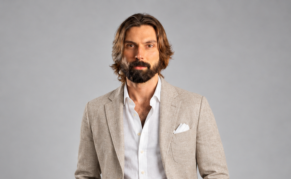 Man with long hair and beard looking directly at camera, wearing a gray shirt, gold watch, and black leather jacket over his shoulder, against a blue background.
