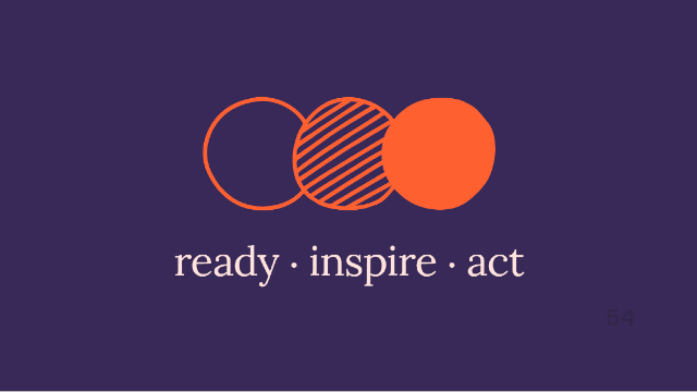 Graphic with three connected orange circles and the words "ready • inspire • act" on a dark purple background.