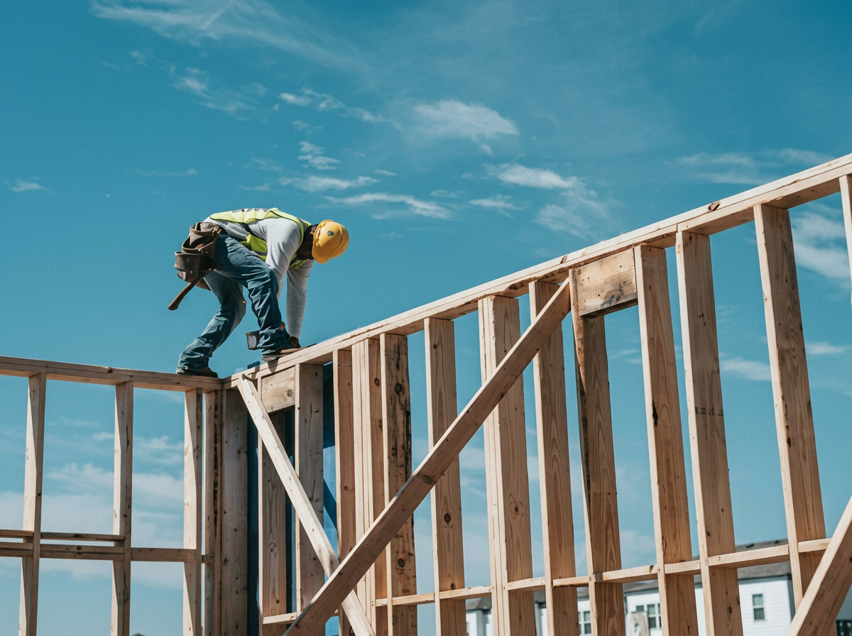 Construction worker wearing a yellow helmet and safety vest working on a wooden frame of a building during daytime.