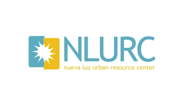 Logo for NLURC (Nueva Luz Urban Resource Center) with a stylized sun icon and blue and yellow color scheme.