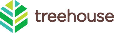 Illustration of a stylized treehouse with geometric green leaves and brown trunk, accompanied by the word 'treehouse' in lowercase letters.