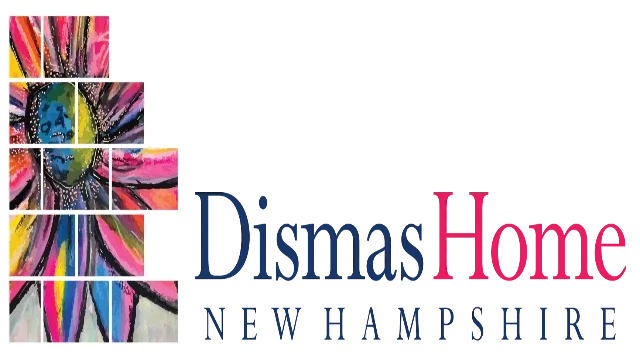 Logo for Dismas Home New Hampshire featuring a colorful stained glass window depicting a saint crossed with a pink cross and the text 'Dismas Home New Hampshire'.