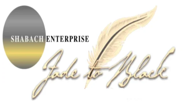 Shabach Enterprise logo with a gray and gold oval, a feather, and the text 'Jade to Black.'