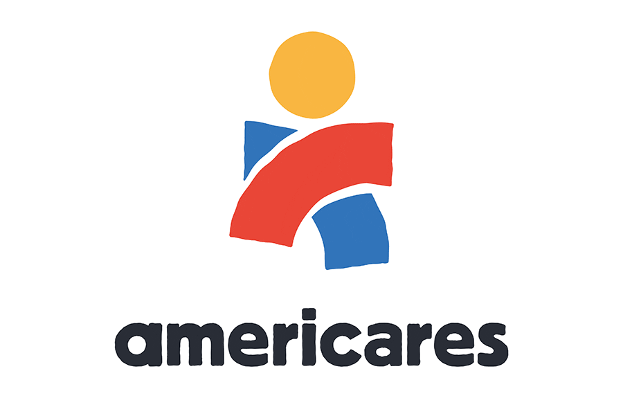 Logo of AmeriCares showing a stylized person with a yellow circle head, blue and red body parts, and the word 'americAres' written below.