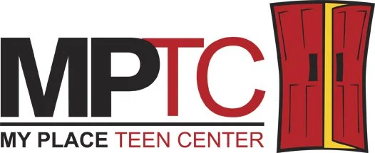 Logo of MPTC My Place Teen Center with red and yellow doors illustration.