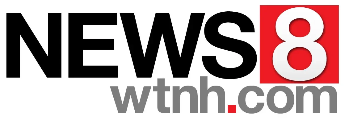 Logo of News 8 WTNH, a television news station, with black and red text and gray website URL.
