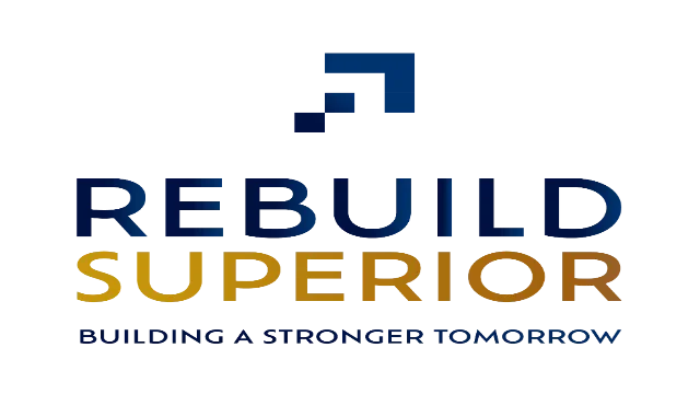 Logo with a stylized geometric design, the words 'REBUILD SUPERIOR' in bold, with 'REBUILD' in blue and 'SUPERIOR' in gold, and the tagline 'BUILDING A STRONGER TOMORROW' in blue.