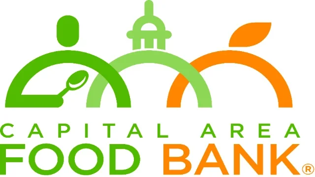 Logo for Capital Area Food Bank featuring stylized icons of a person, a city hall, and a fruit, with the text 'Capital Area Food Bank' in green and orange.
