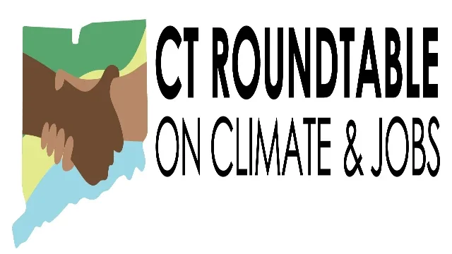 Logo for CT Roundtable on Climate & Jobs featuring a handshake with a background of trees, water, and land.