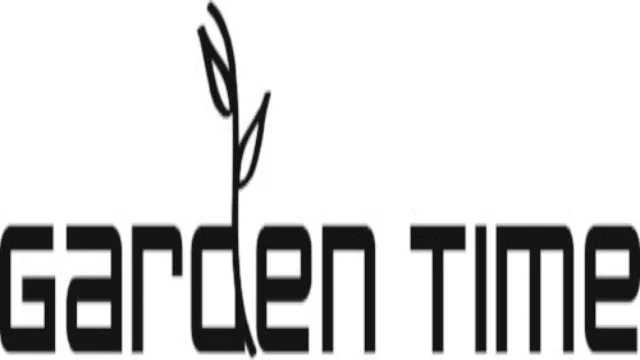 Logo with a stylized plant sprout over the words "garden TIME" in bold black letters.