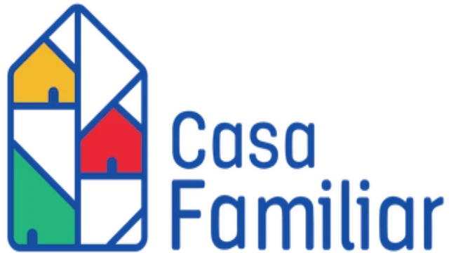 Logo featuring a house outline with four colored sections in blue, yellow, red, and green, alongside the text 'Casa Familiar'.