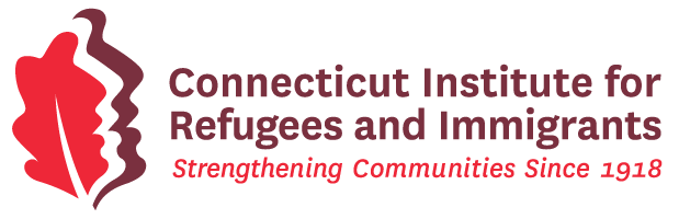 Logo of the Connecticut Institute for Refugees and Immigrants featuring a red stylized flame with a map outline