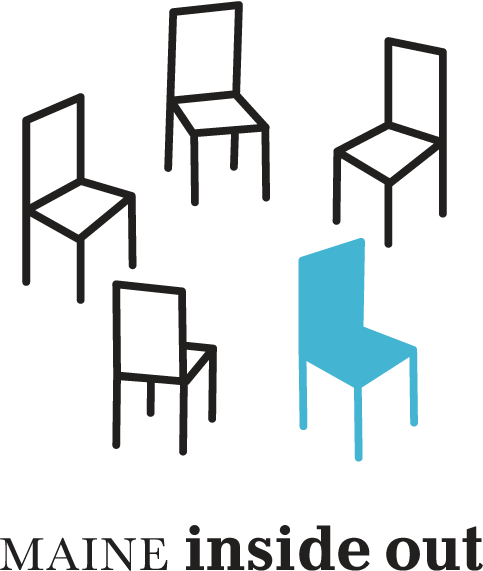 Simple black-outlined chairs with one blue chair among them, and the text 'MAINE inside out' at the bottom.