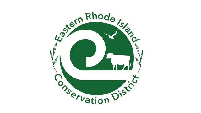 Logo for Eastern Rhode Island Conservation District with a green circular design, featuring a cow, a bird, and plant elements.