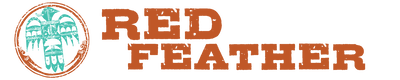 Logo with a red bird and the text 'Red Feather' in brown letters.