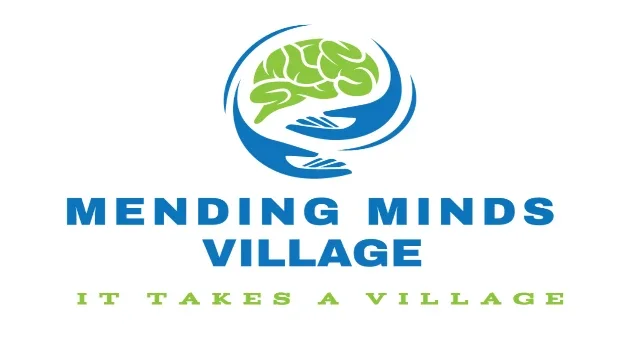 Logo for Mending Minds Village, featuring a stylized brain, hands, and the slogan 'It Takes a Village.'