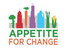 Graphic design featuring stylized silhouettes of various vegetables next to the text 'Appetite for Change'.