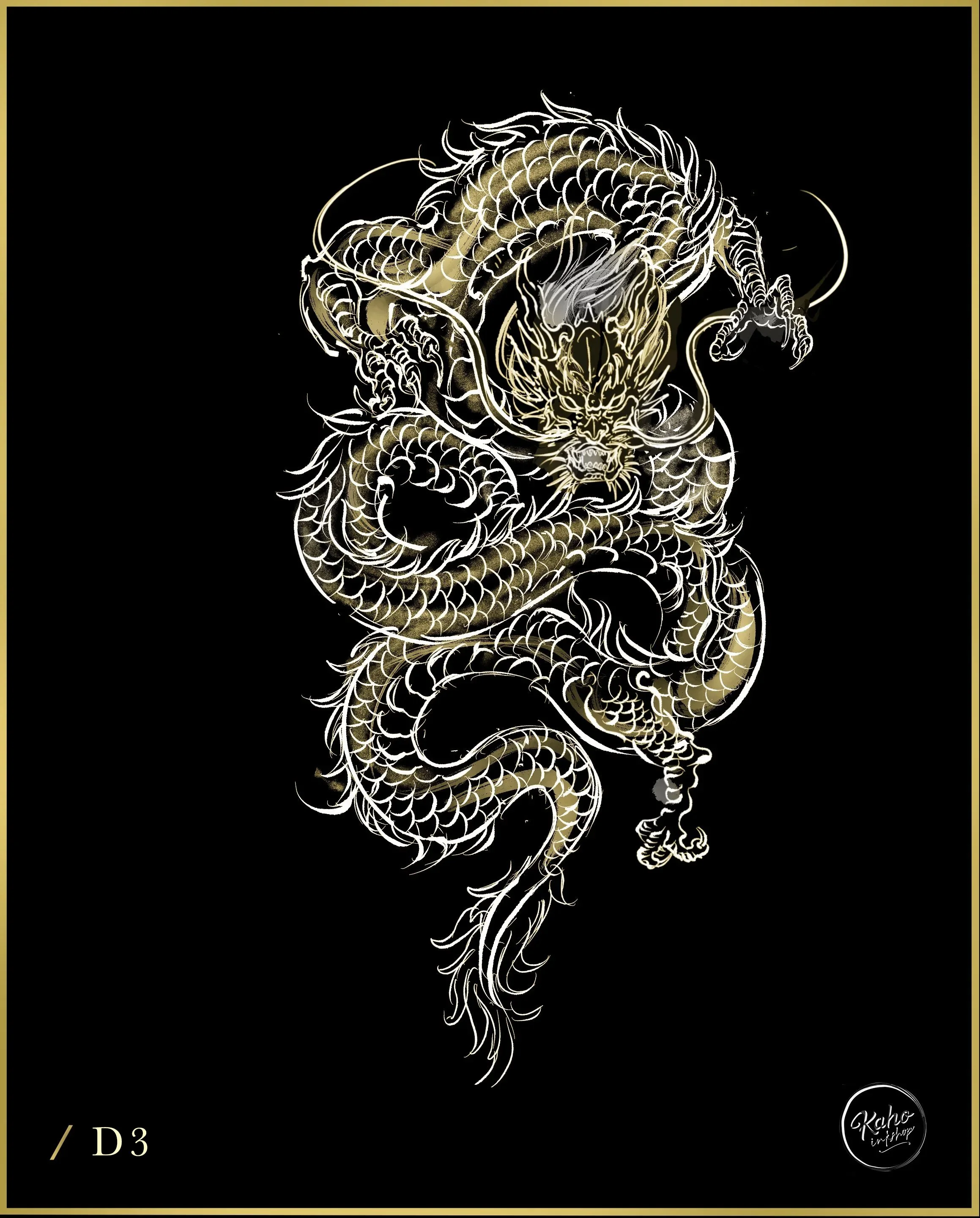 Dragons tattoo art piece facing forward designed in red and black by bored ink club los angeles
