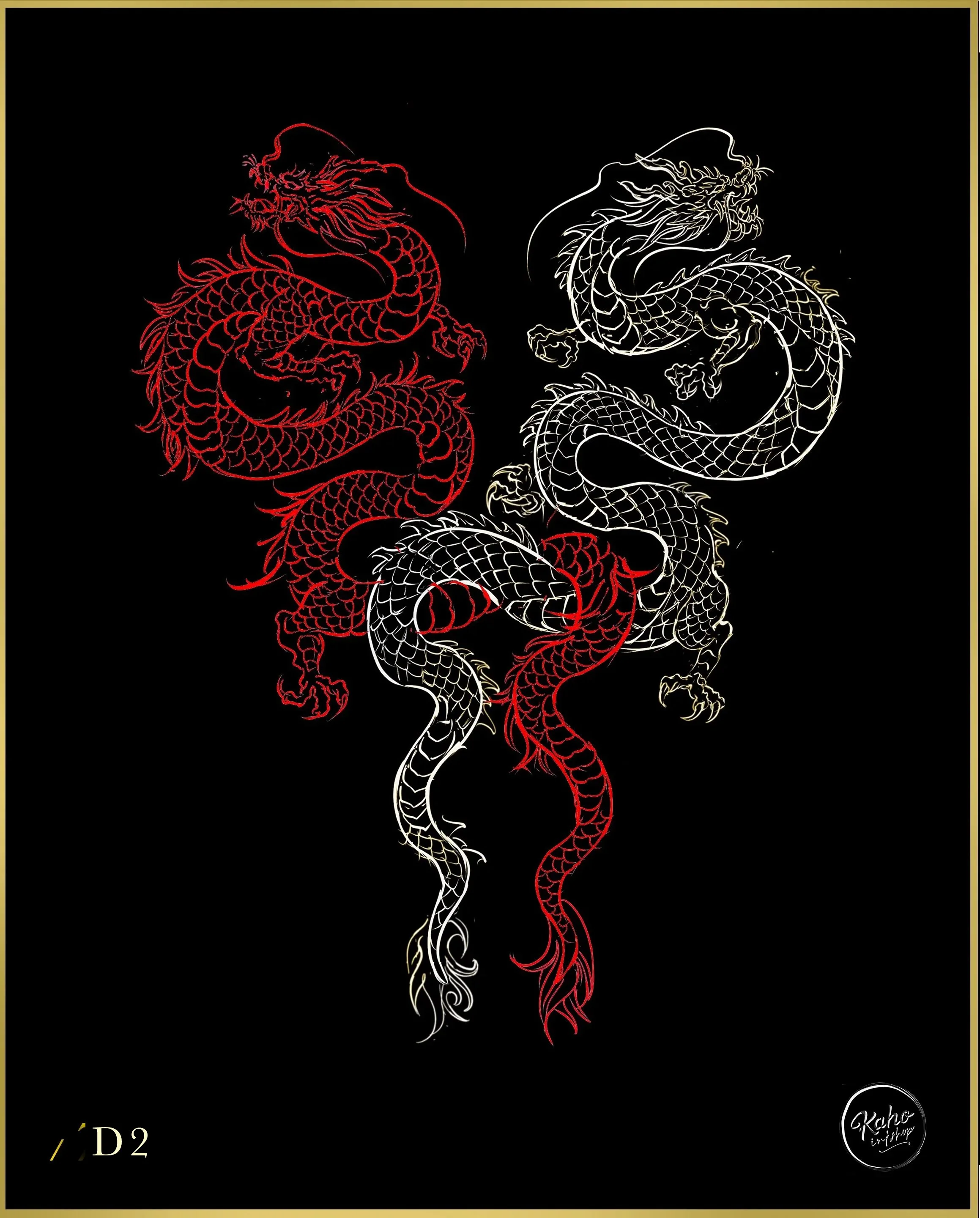 Twin Dragons tattoo designed in red and black by Bored Ink Club los angeles