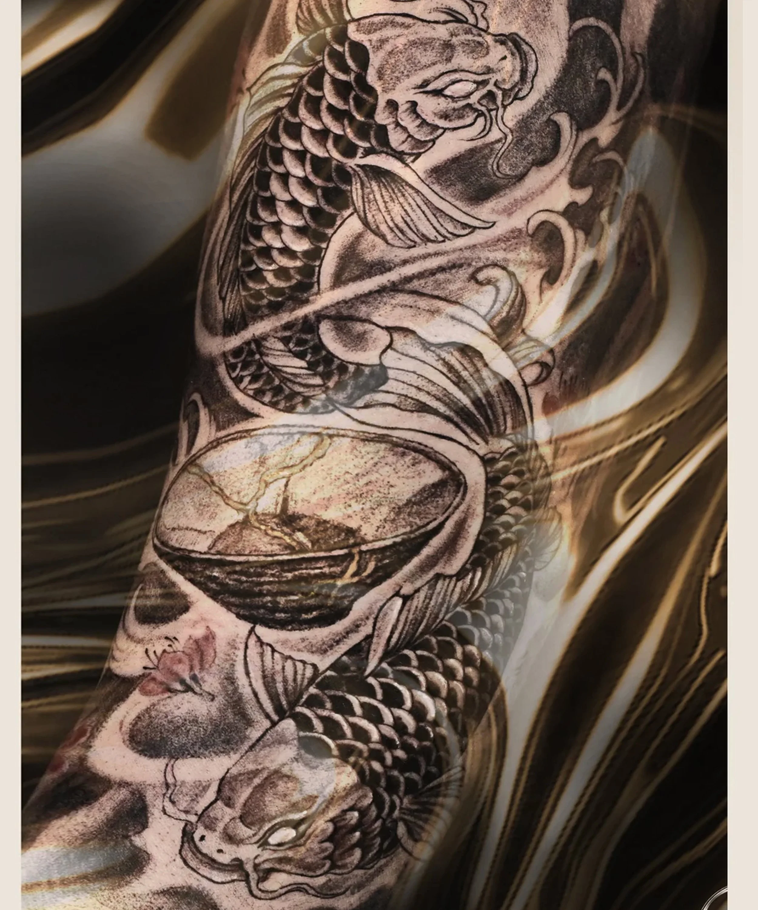 Asian Koi pair tattoo  swimming along with kintsugi bowl in the center, crafted and designed by Bored ink club, located in Los Angeles