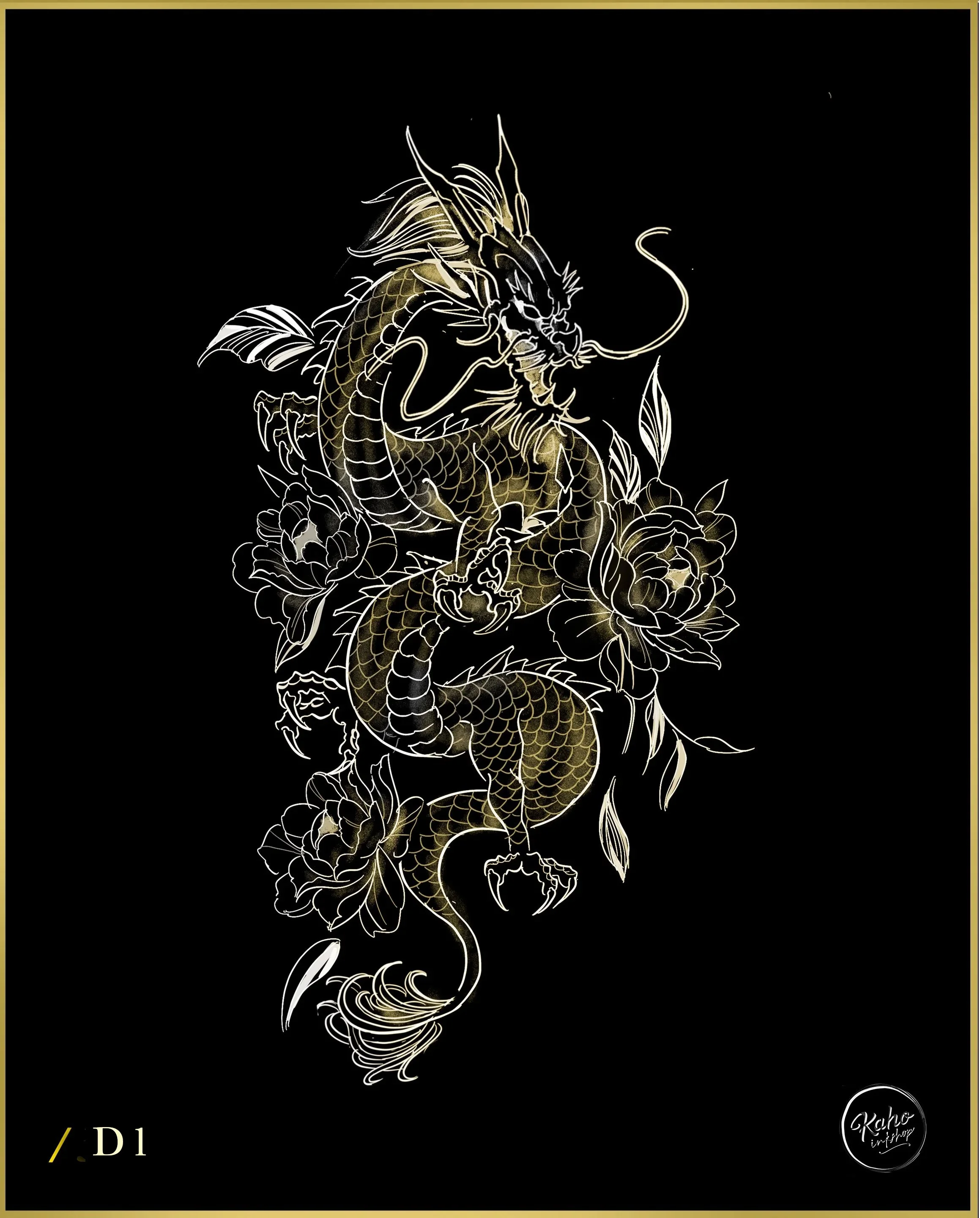 Fineline Asian  style dragon tattoo with peonies flowers crafted and designed by bored ink club los angeles