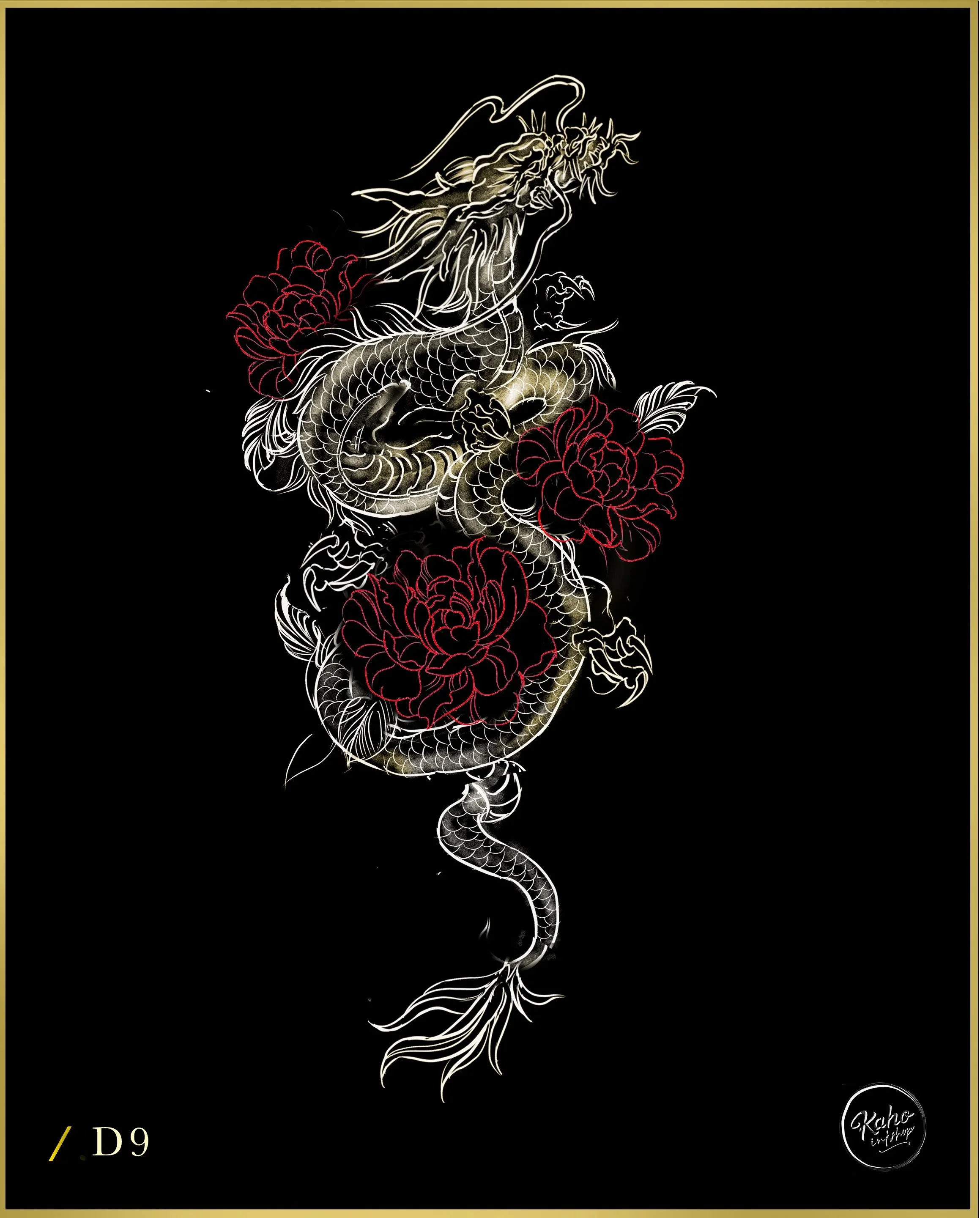 Fineline Asian  style dragon tattoo with red peonies flowers crafted and designed by bored ink club los angeles