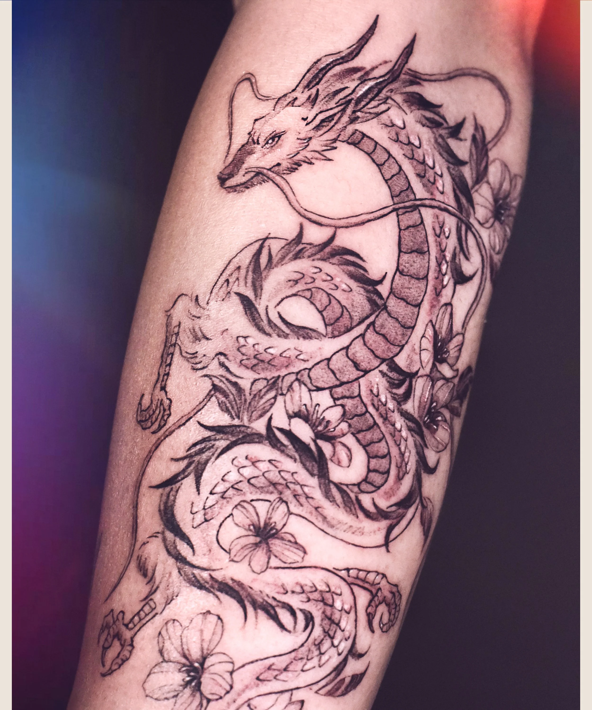 Haku Dragon anime tattoo, design and crafted by  Bored Ink Club, located in Los Angeles